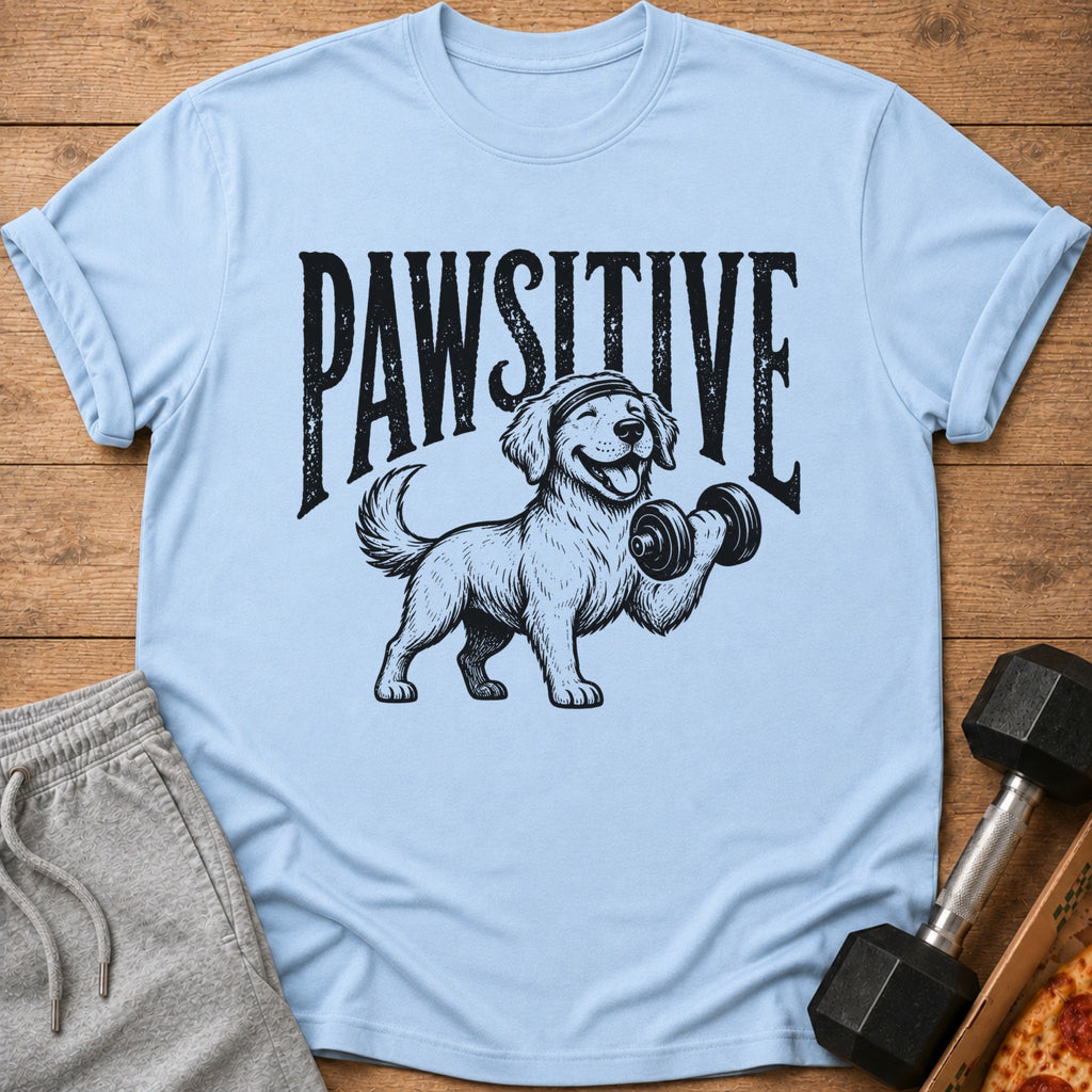 Light blue t-shirt with a dog lifting a dumbbell and the text "PAWSITIVE".