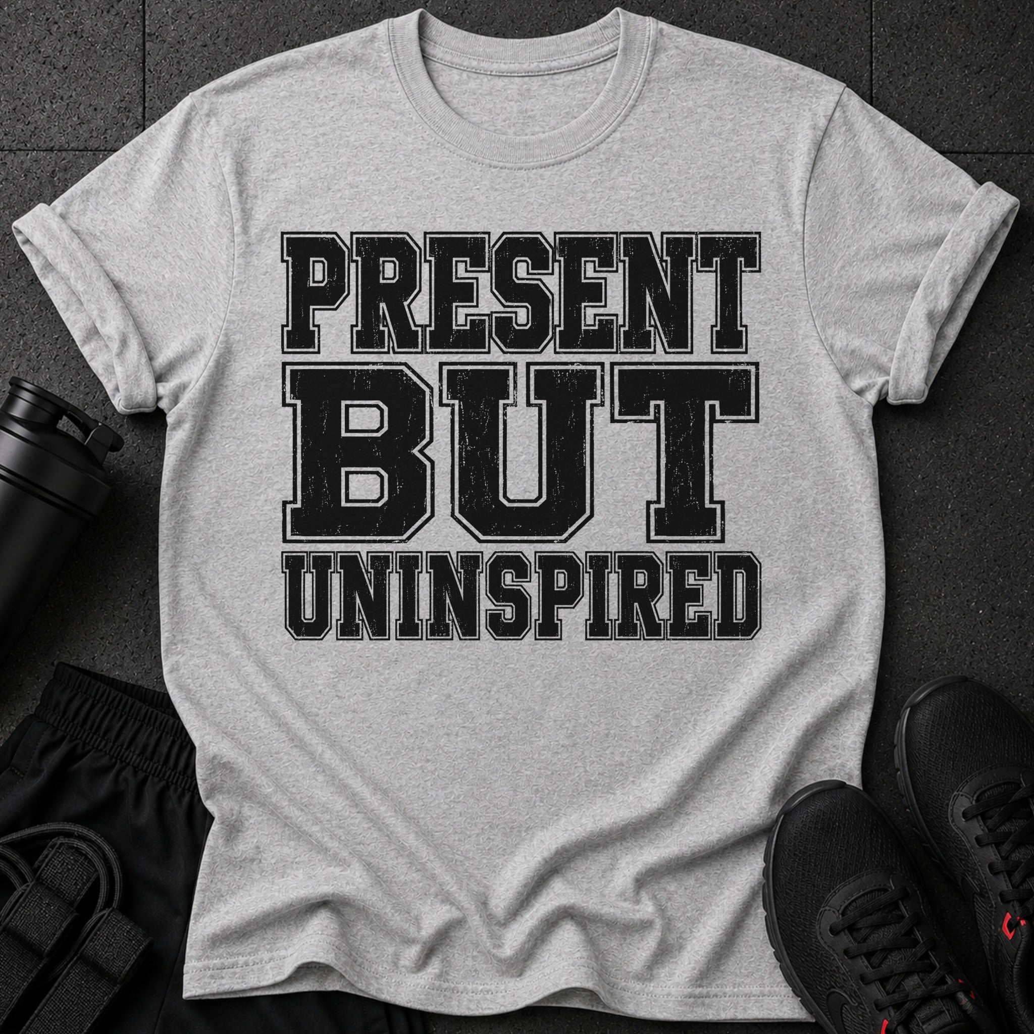 Gray t-shirt with distressed black text "PRESENT BUT UNINSPIRED".