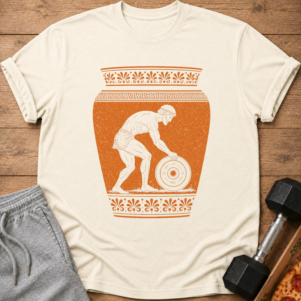 T-shirt with orange illustration of ancient Greek athlete lifting weight within a vase.