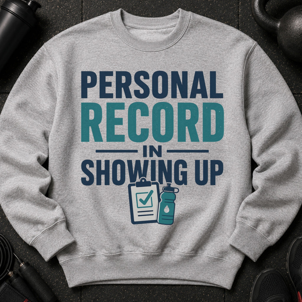 Grey sweatshirt with text "PERSONAL RECORD IN SHOWING UP" and icons.