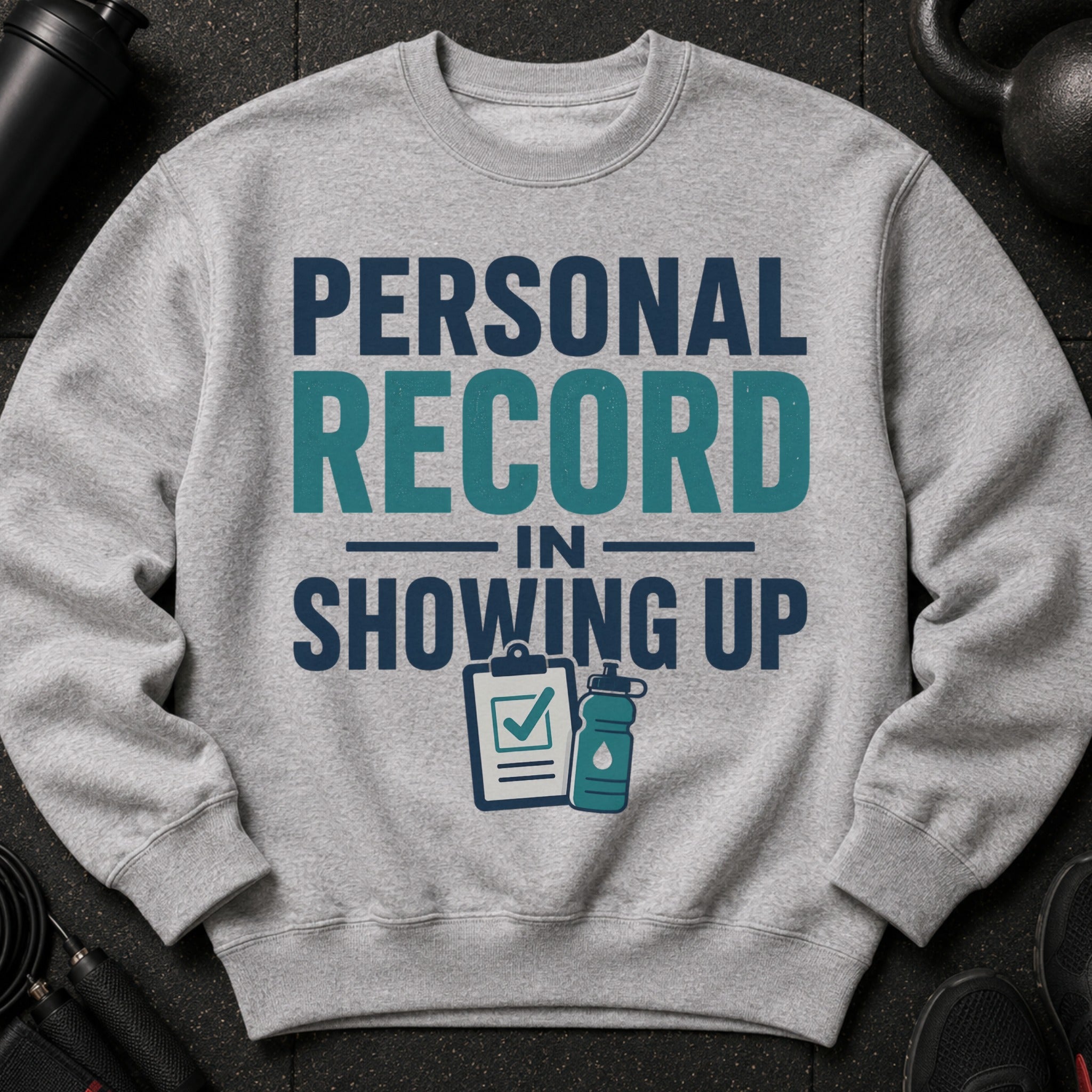 Grey sweatshirt with text "PERSONAL RECORD IN SHOWING UP" and icons.