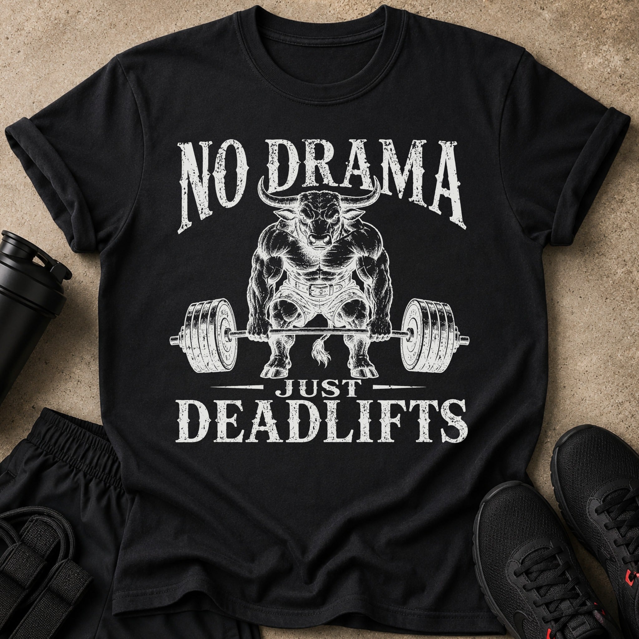 Black t-shirt graphic: bull lifting barbell, "NO DRAMA JUST DEADLIFTS" text.