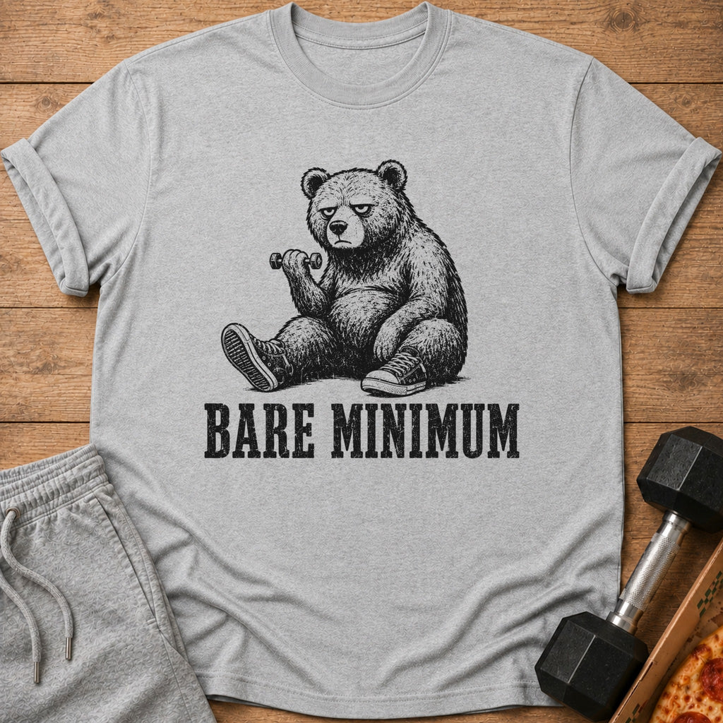 T-shirt with sketch of bear lifting dumbbell and text "BARE MINIMUM".