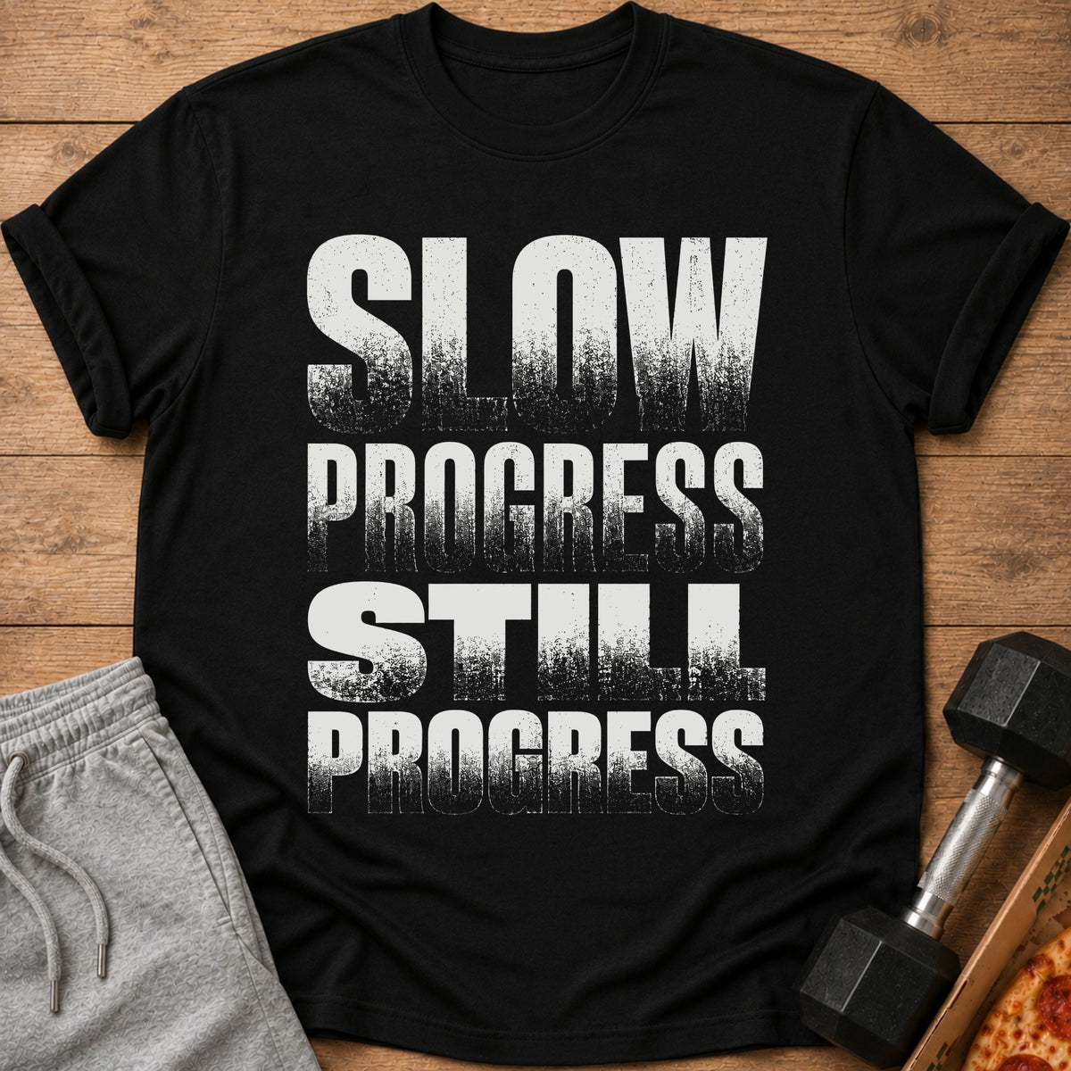 Black t-shirt with distressed white text reading "SLOW PROGRESS STILL PROGRESS".