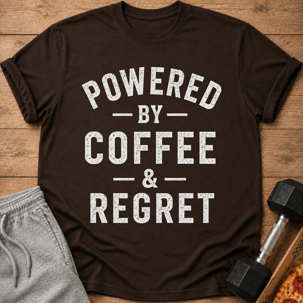 Brown t-shirt with "POWERED BY COFFEE & REGRET" text, shorts, dumbbell, and pizza.