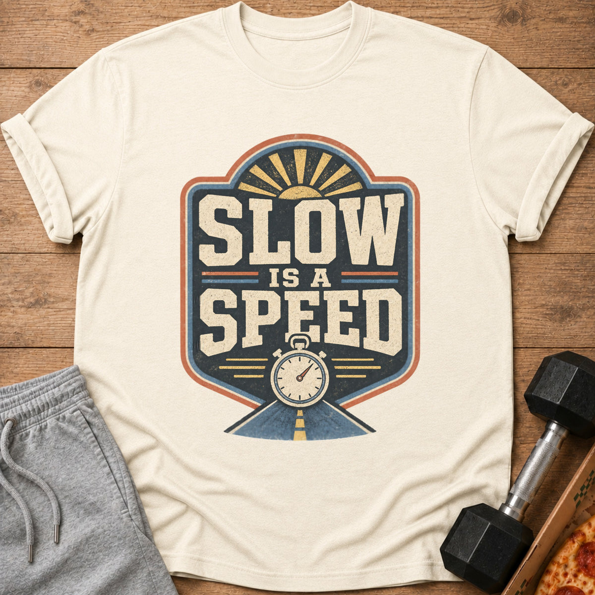 T-shirt with "Slow is a Speed" graphic, stopwatch, and road design.