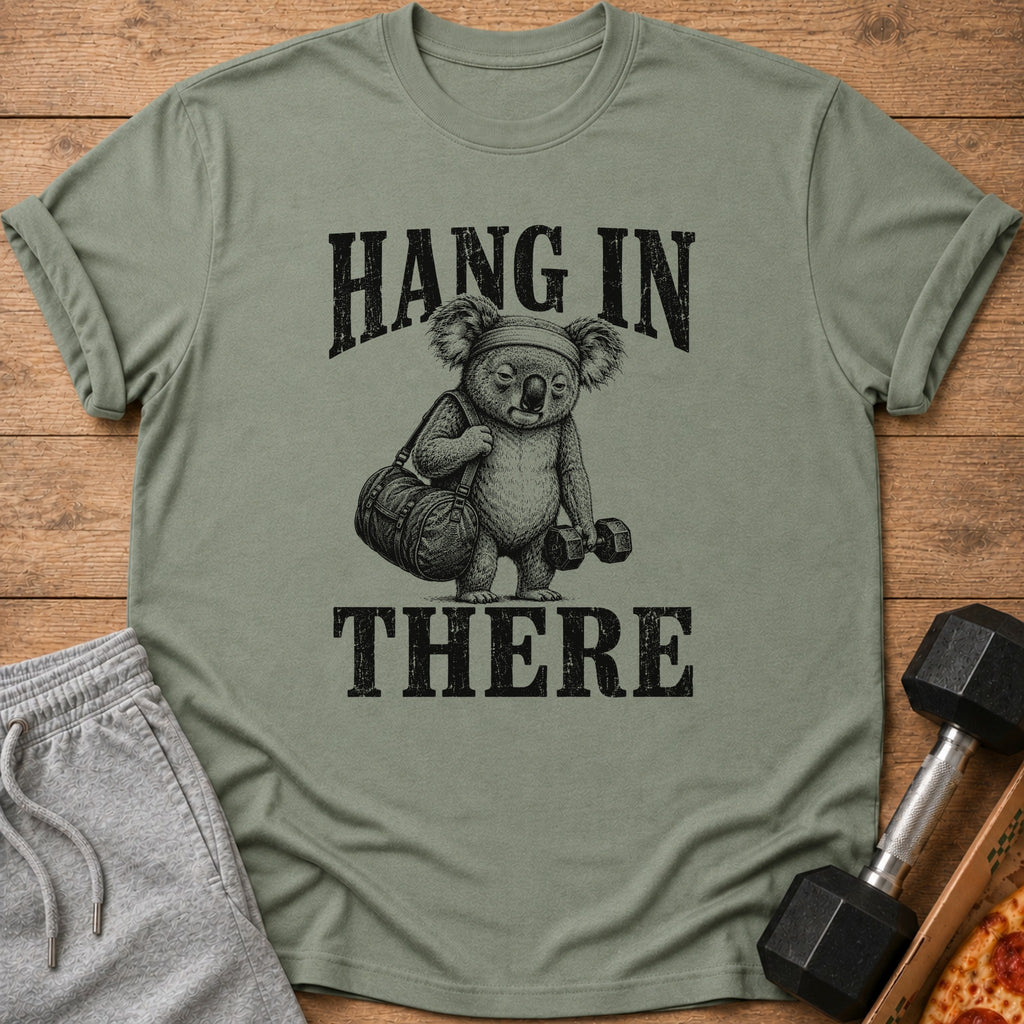 T-shirt with koala lifting weights and carrying a gym bag with "Hang In There" text.