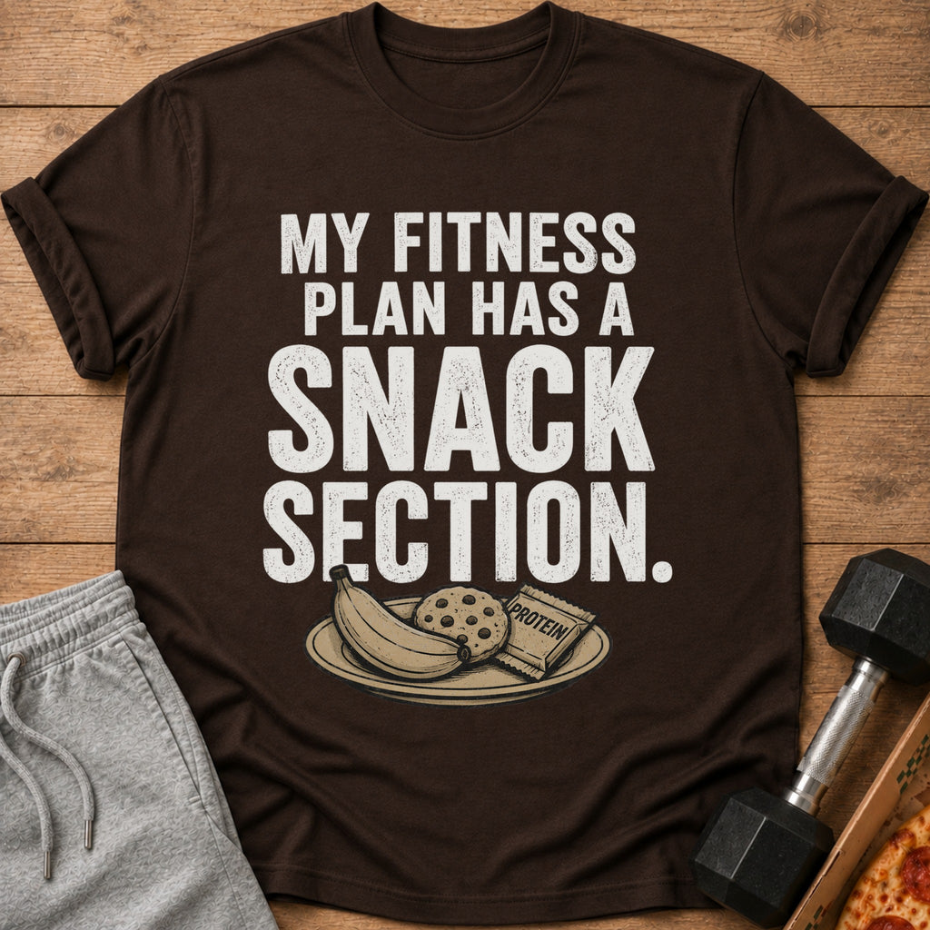 Brown t-shirt with "My Fitness Plan Has A Snack Section" text and snack plate graphic.