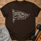Brown t-shirt with "Overstimulated Mom Still Lifting Club" graphic.