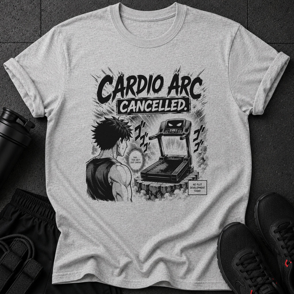 Gray t-shirt with "Cardio Arc Cancelled" text and anime artwork of a person facing a treadmill.