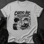Gray t-shirt with "Cardio Arc Cancelled" text and anime artwork of a person facing a treadmill.