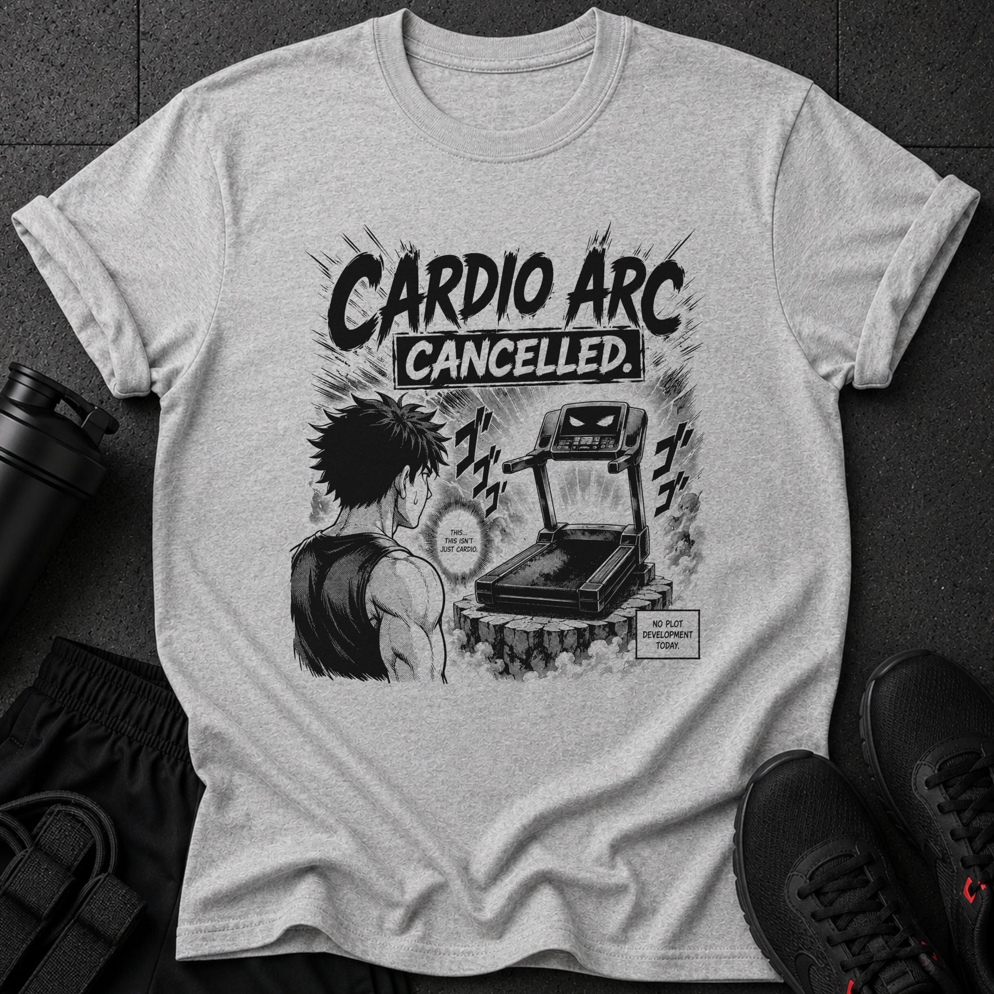 Gray t-shirt with "Cardio Arc Cancelled" text and anime artwork of a person facing a treadmill.