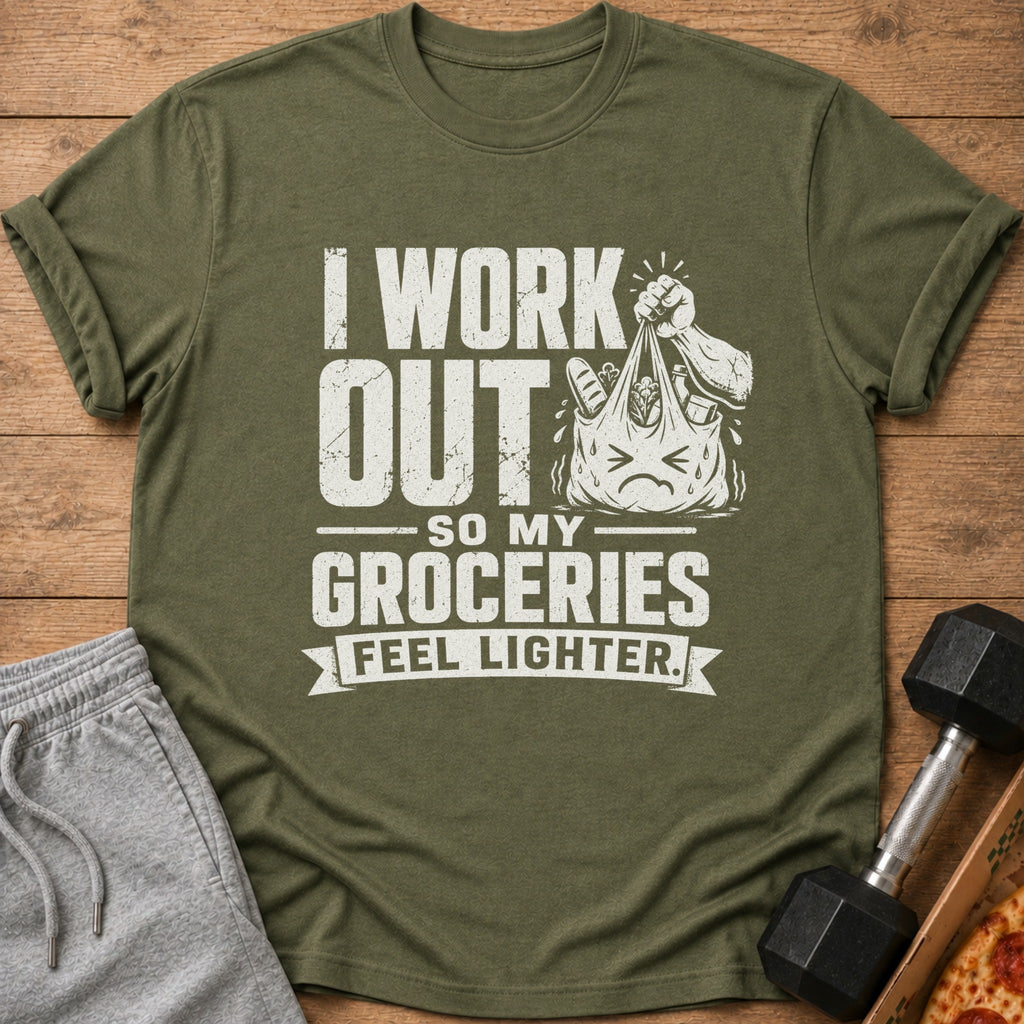Green t-shirt with distressed white text and graphics about working out.