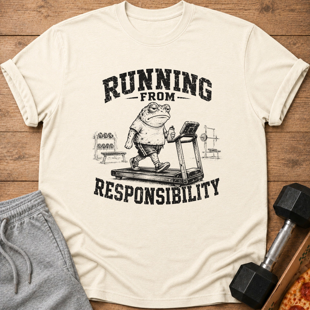 Cream t-shirt with frog running on treadmill graphic and text "RUNNING FROM RESPONSIBILITY".