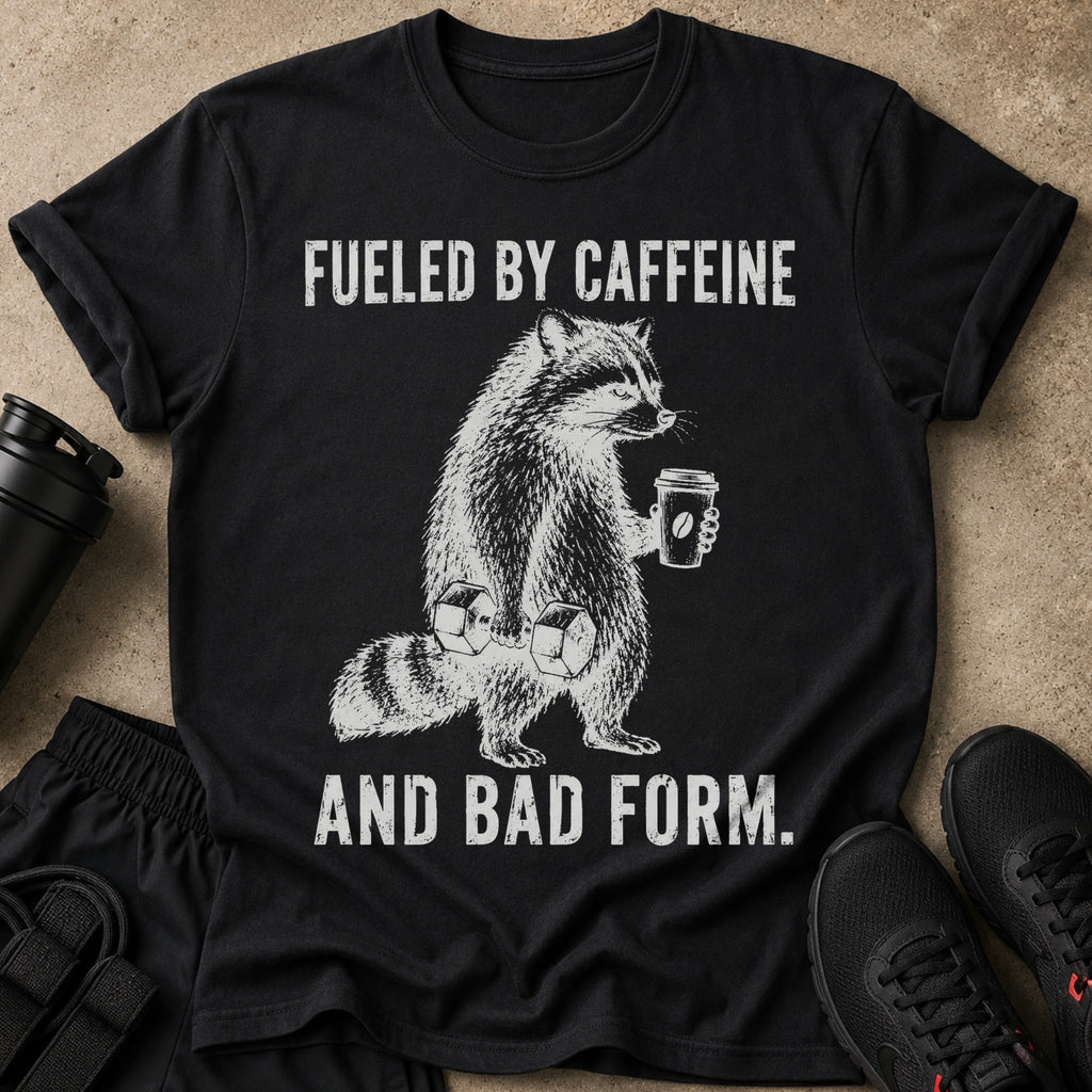 Black t-shirt with raccoon lifting weights and holding coffee, reads "Fueled by Caffeine and Bad Form."