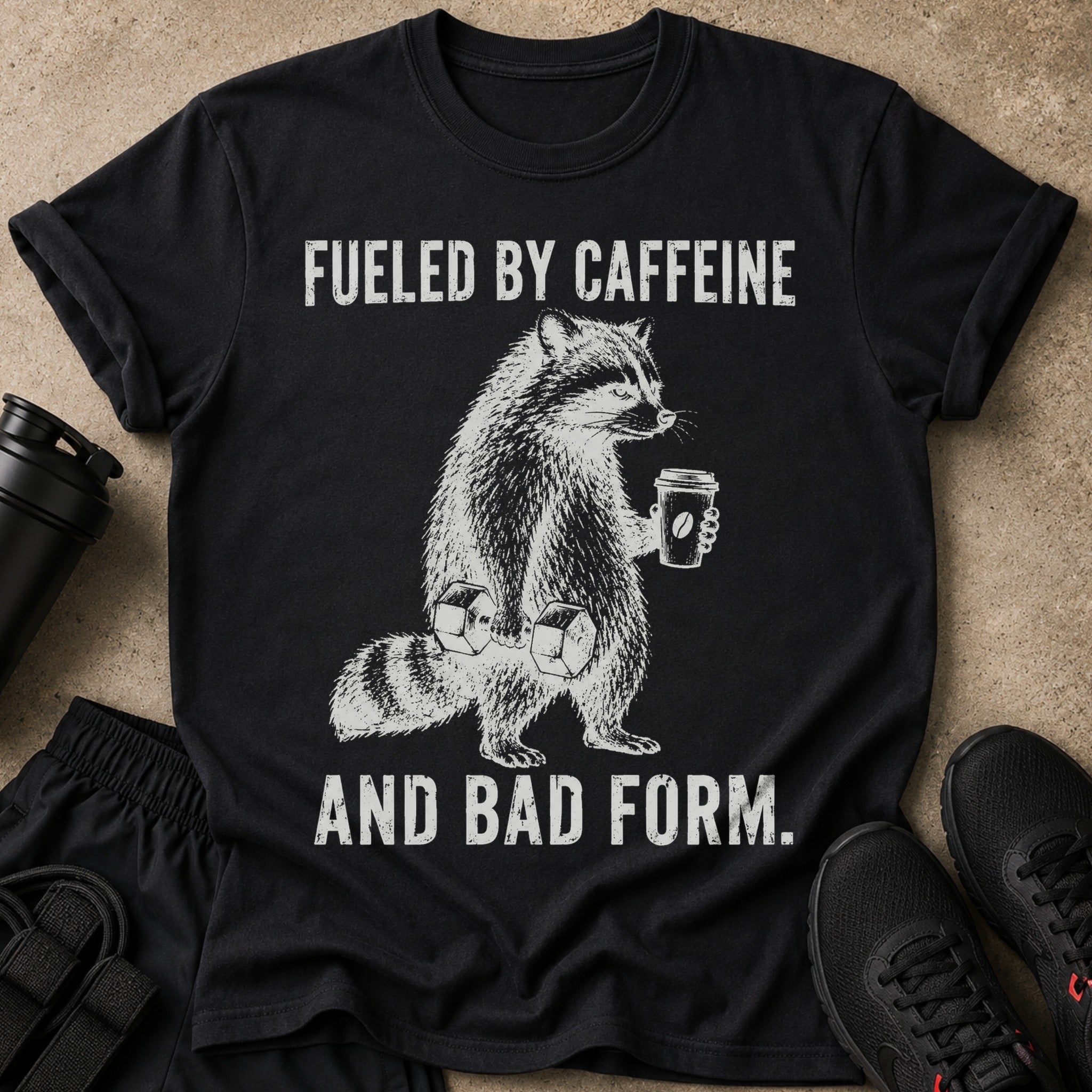 Black t-shirt with raccoon lifting weights and holding coffee, reads "Fueled by Caffeine and Bad Form."