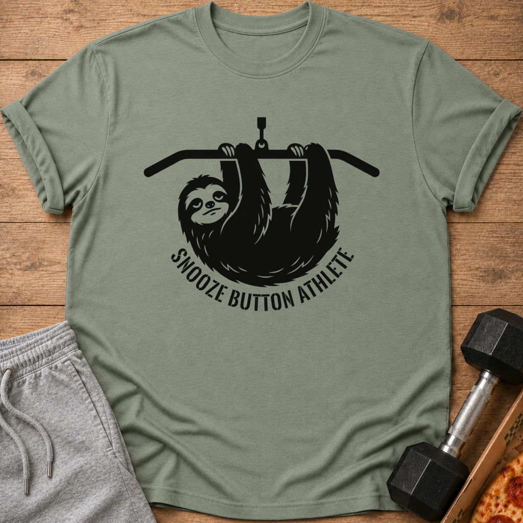 Green t-shirt with a sloth hanging from a bar with text "SNOOZE BUTTON ATHLETE".