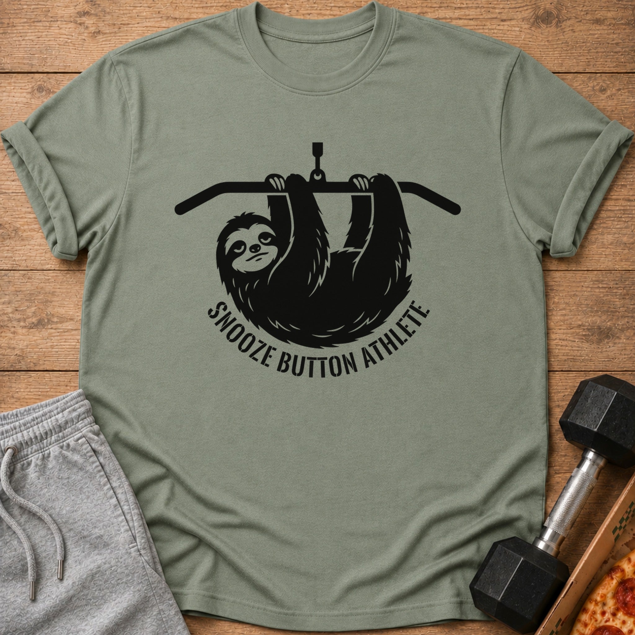 Green t-shirt with a sloth hanging from a bar with text "SNOOZE BUTTON ATHLETE".