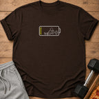 Brown t-shirt with a white graphic of a stick figure and a low battery symbol.