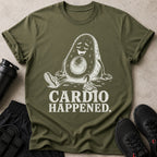 Green t-shirt with distressed print of a sweating avocado and "CARDIO HAPPENED." text.
