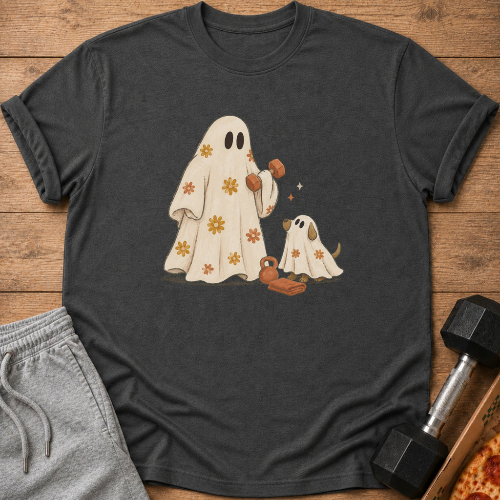 Ghost and dog wearing sheets, lifting weights with pizza and dumbbells.