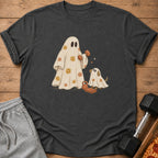 Ghost and dog wearing sheets, lifting weights with pizza and dumbbells.