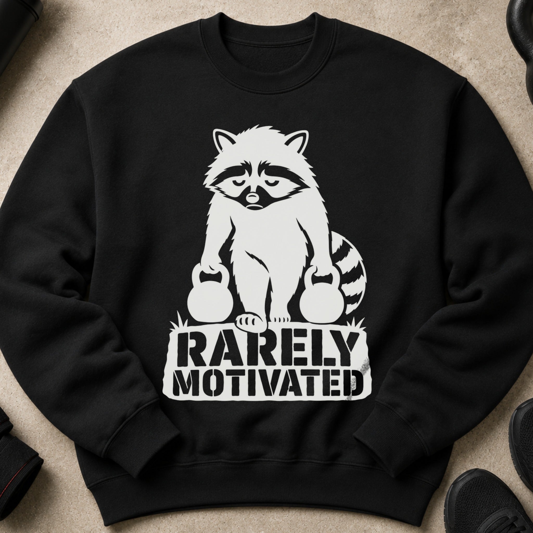 Black sweatshirt with a white graphic of a raccoon holding dumbbells and text that reads "RARELY MOTIVATED."