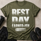 Olive green t-shirt with distressed text "REST DAY EARNED-ISH" above a rolled-up mat.