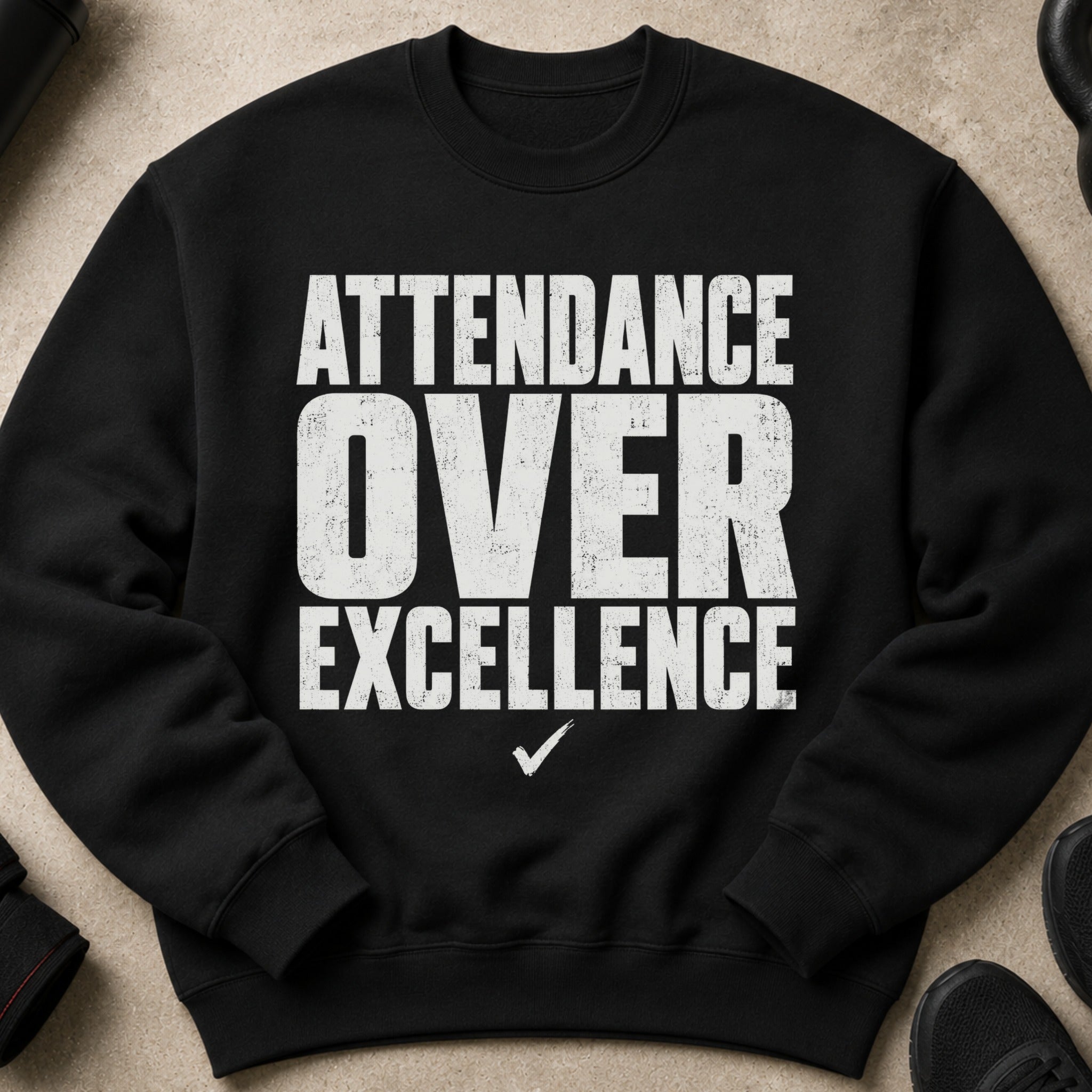 Black sweatshirt with "ATTENDANCE OVER EXCELLENCE" text and a checkmark.