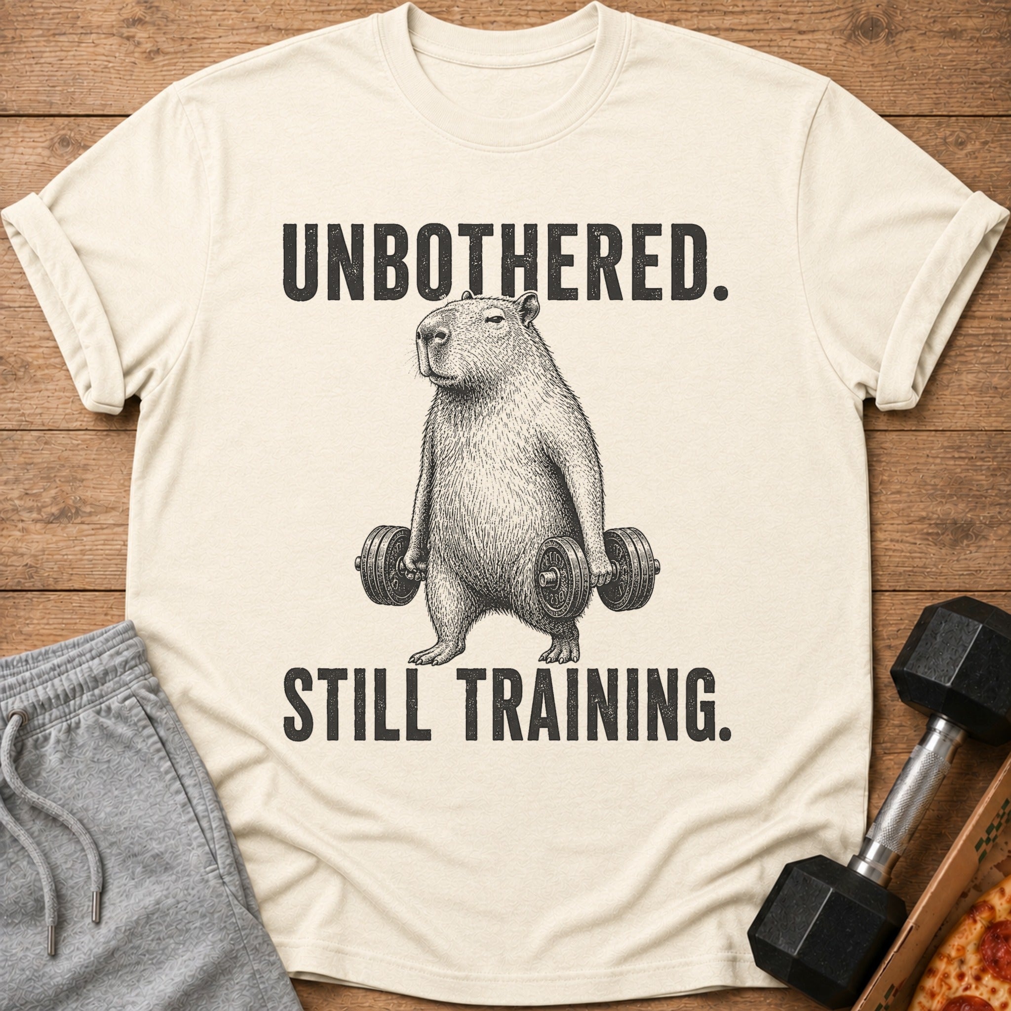 Cream t-shirt with capybara lifting dumbbells and text "UNBOTHERED. STILL TRAINING."