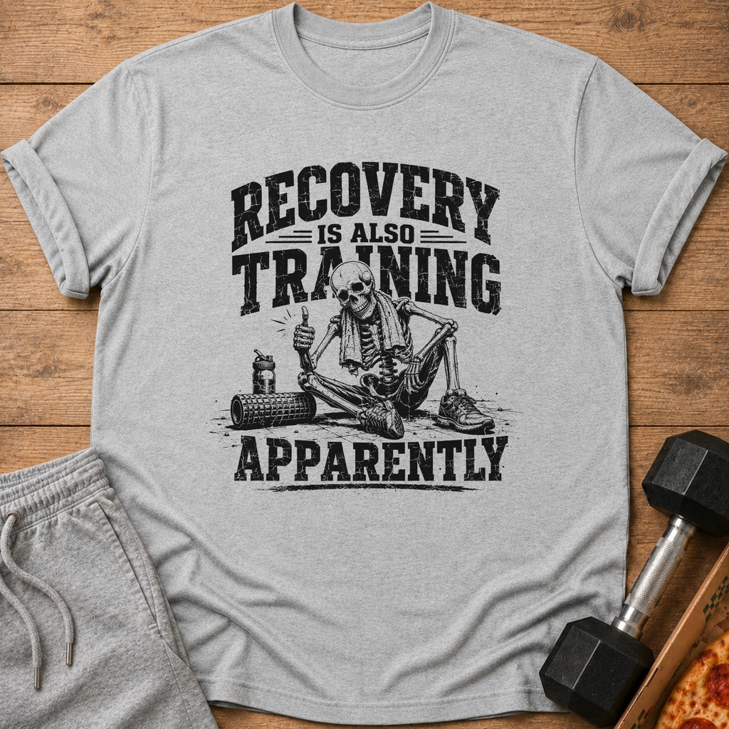 Grey t-shirt with skeleton graphic and text "Recovery is also training apparently".