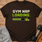 Brown t-shirt with "GYM NAP LOADING" text and a sleeping dumbbell.