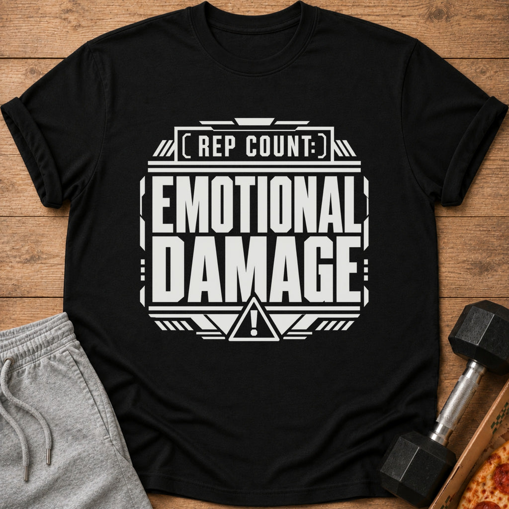 Black t-shirt with white text "REP COUNT: EMOTIONAL DAMAGE" and warning symbol.