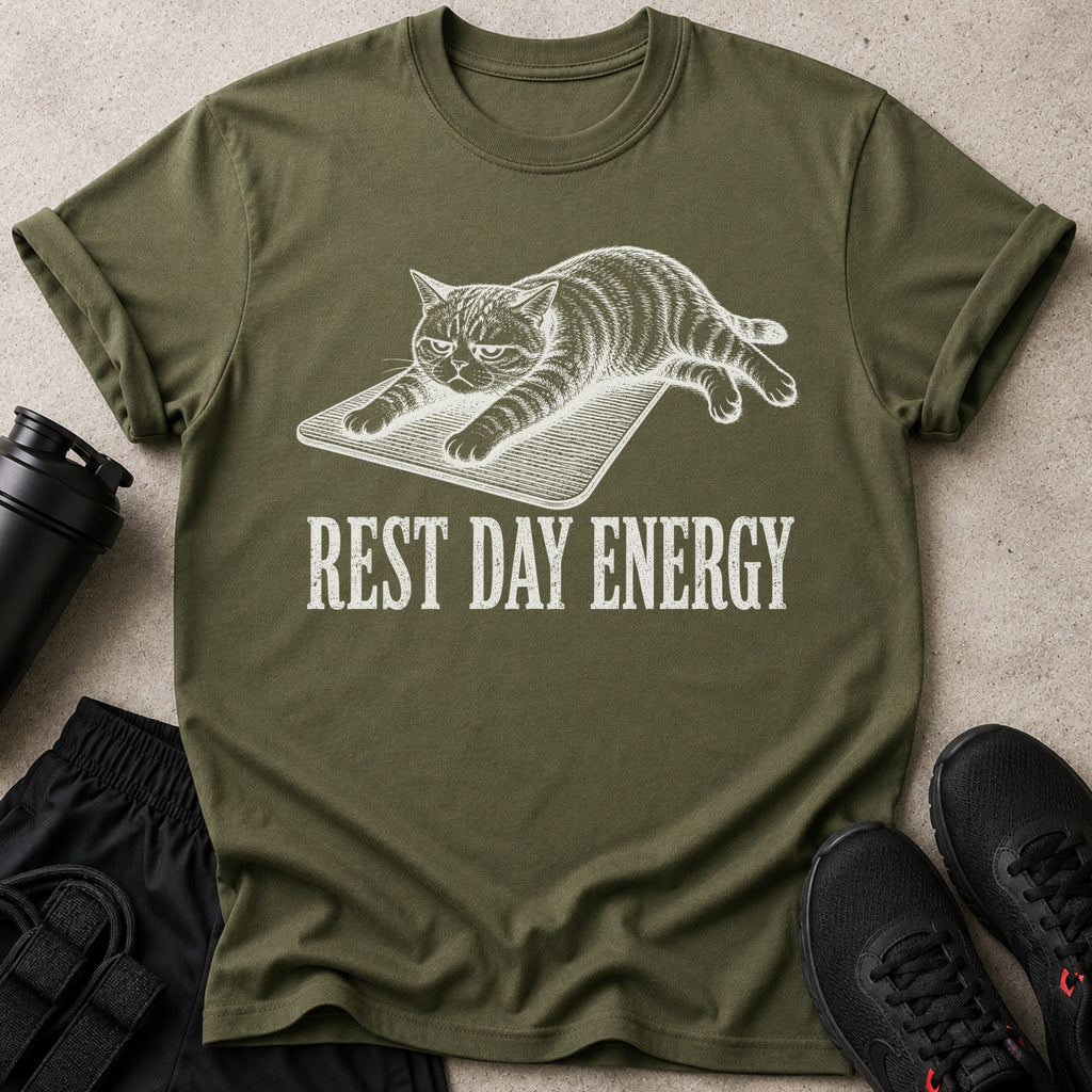 Olive green t-shirt with a graphic of a tired cat and text "REST DAY ENERGY."