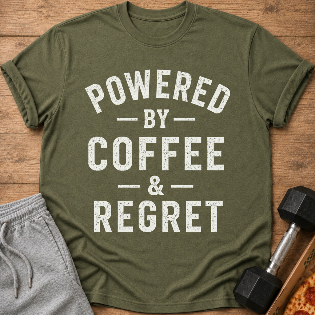 Olive green t-shirt with white text reading "POWERED BY COFFEE & REGRET".