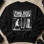 Black sweatshirt with graphic of "Final Boss: Basic Warm-Up" and cartoon gym equipment.