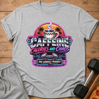 Grey t-shirt with "Caffeine Calories and Chaos" and dumbbell graphic.