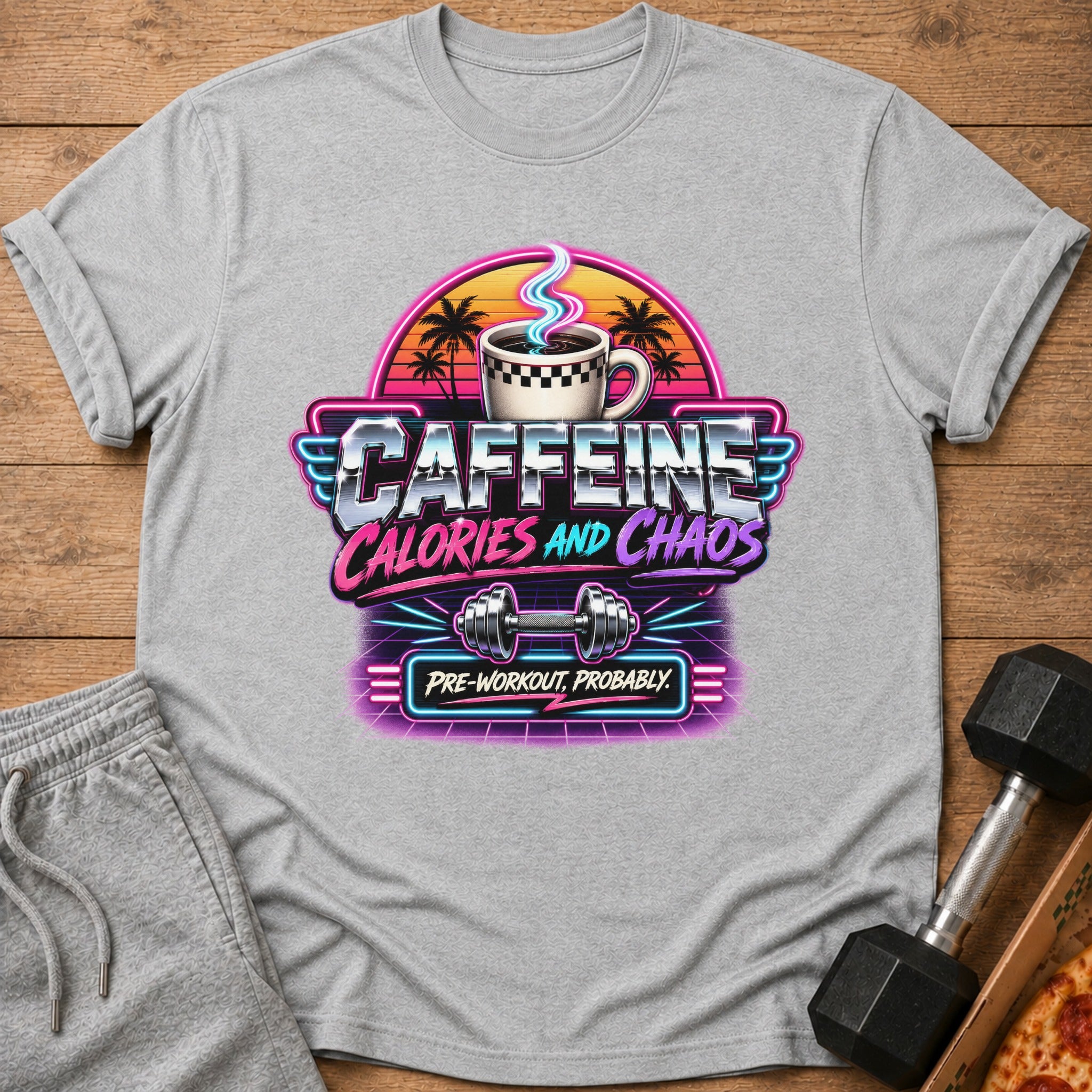 Grey t-shirt with "Caffeine Calories and Chaos" and dumbbell graphic.