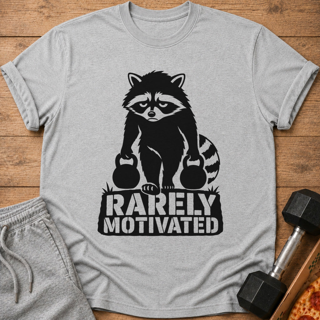 T-shirt with raccoon holding dumbbells and text "RARELY MOTIVATED".
