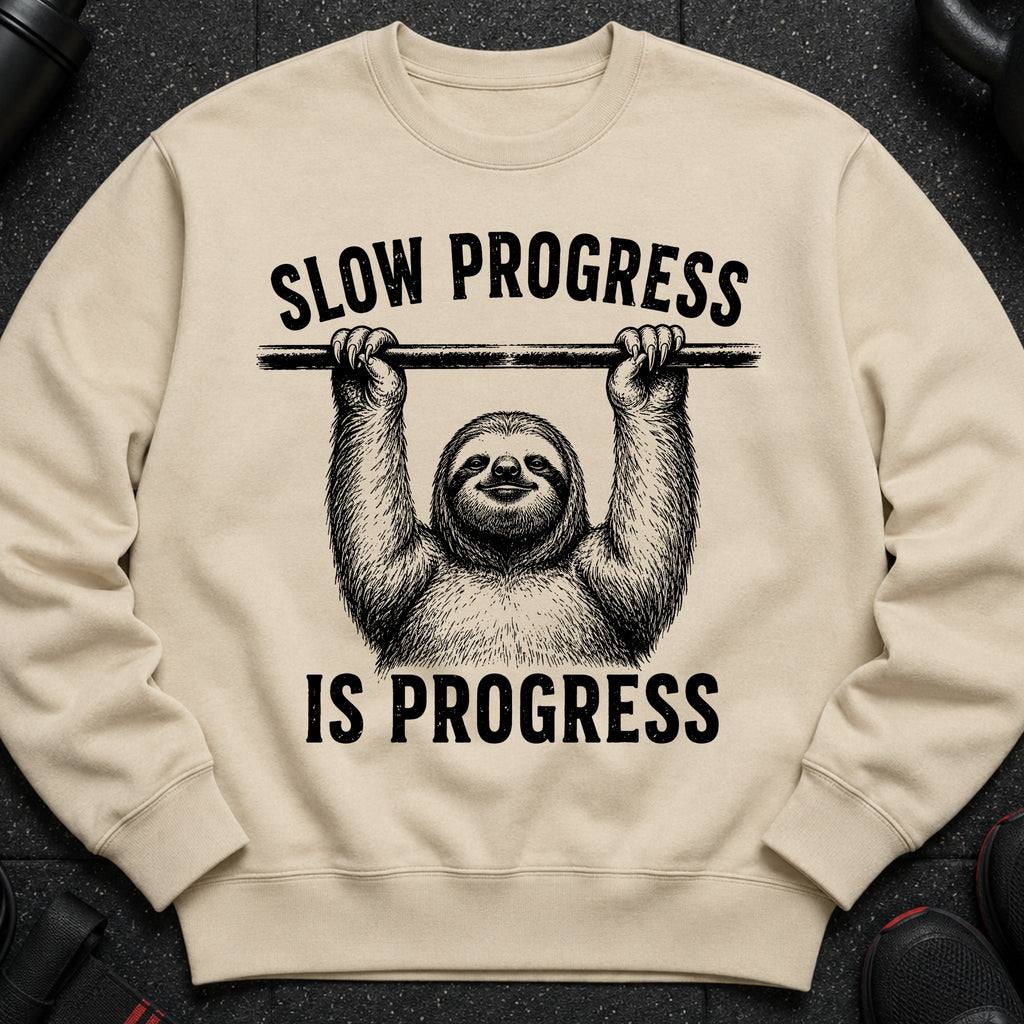 Beige sweatshirt with black text and sloth graphic: "SLOW PROGRESS IS PROGRESS"
