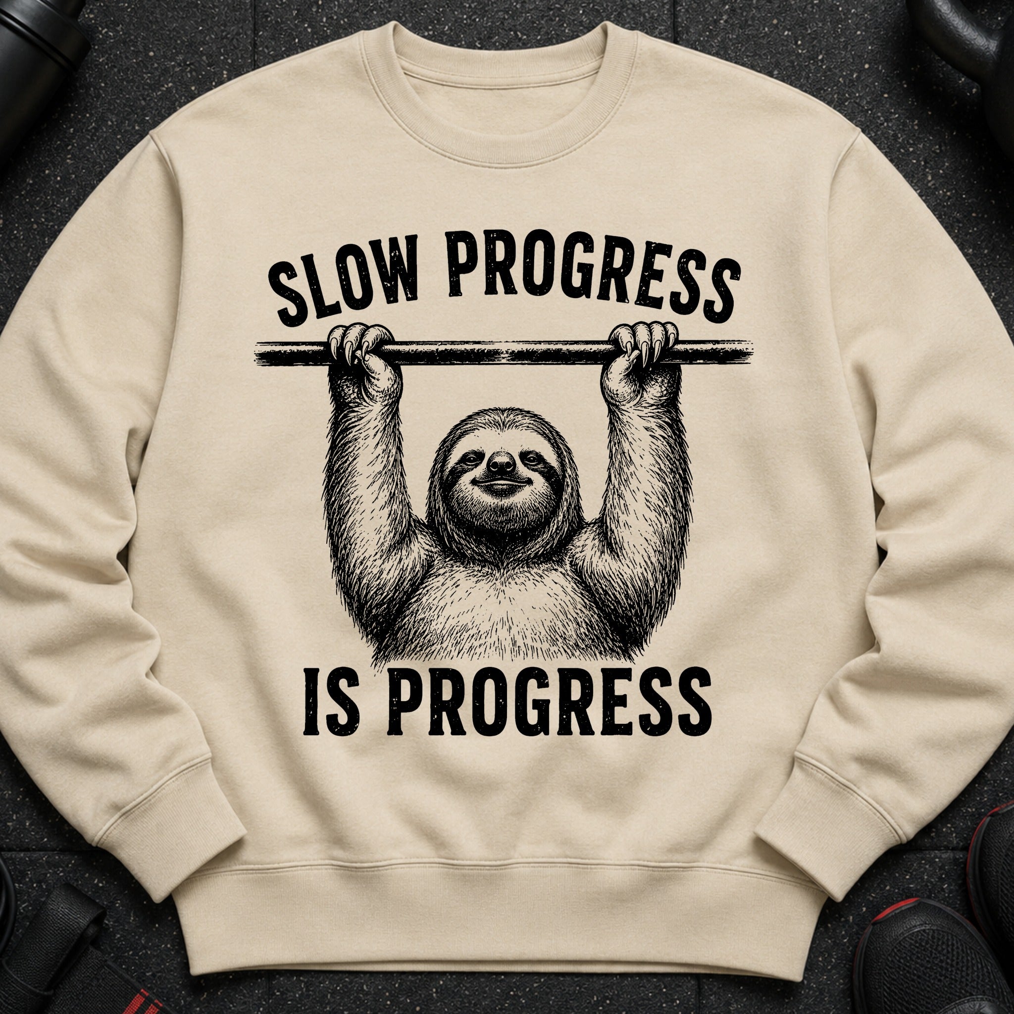 Beige sweatshirt with black text and sloth graphic: "SLOW PROGRESS IS PROGRESS"
