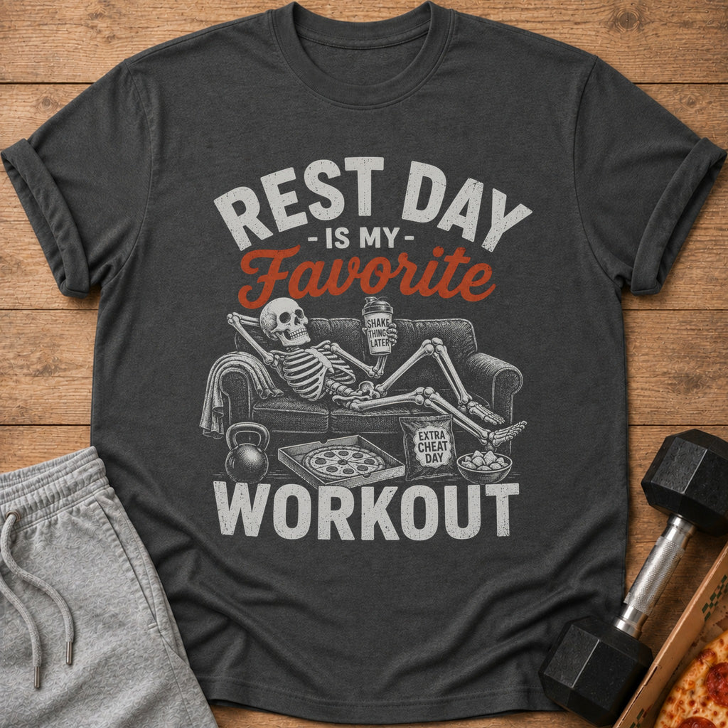 Dark t-shirt graphic: skeleton relaxing with pizza, shaker bottle, and snacks, text says "Rest Day Is My Favorite Workout."