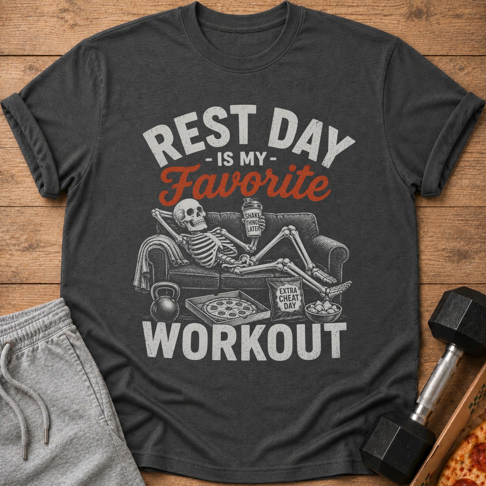 Dark t-shirt graphic: skeleton relaxing with pizza, shaker bottle, and snacks, text says "Rest Day Is My Favorite Workout."