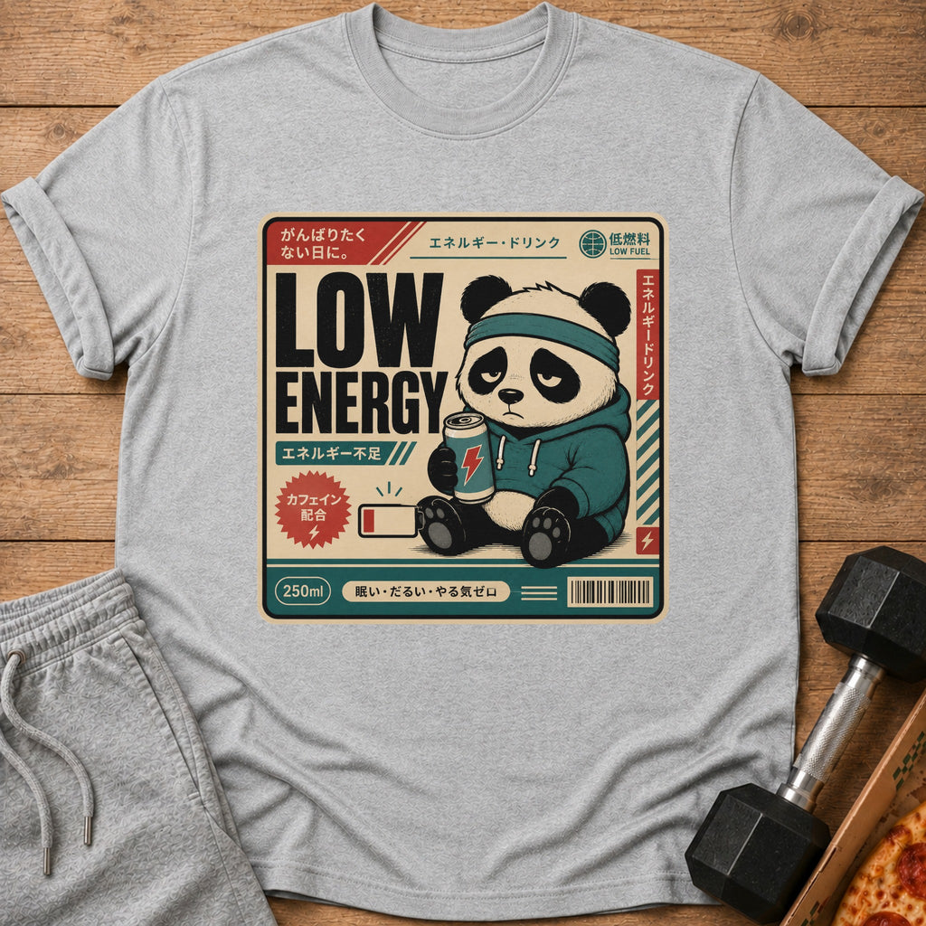 Sad panda holding energy drink can with "LOW ENERGY" text and Japanese writing.