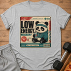 Sad panda holding energy drink can with "LOW ENERGY" text and Japanese writing.