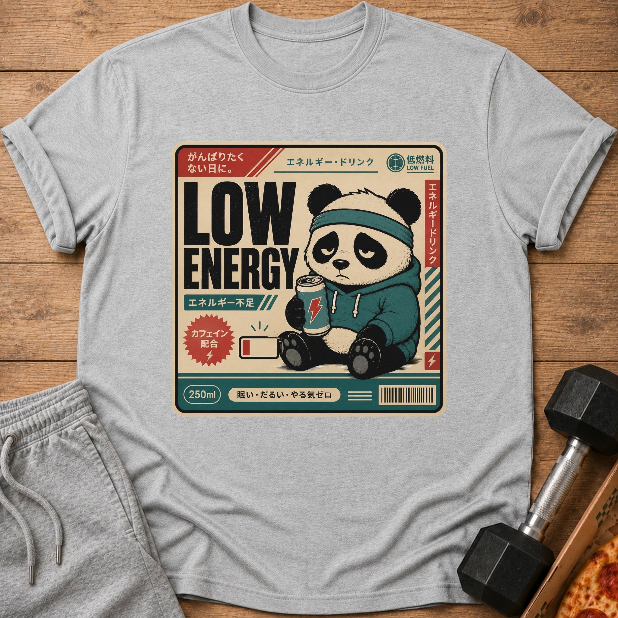 Sad panda holding energy drink can with "LOW ENERGY" text and Japanese writing.
