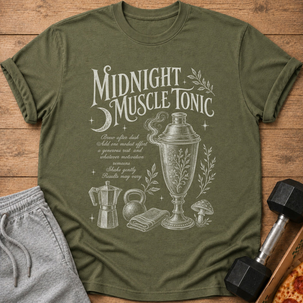 Olive green t-shirt with "Midnight Muscle Tonic" text and vintage illustration.