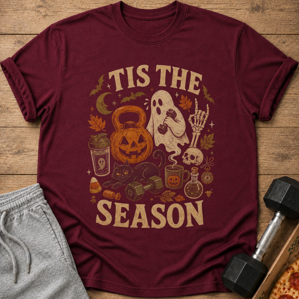 Maroon t-shirt with "Tis The Season" text and Halloween-themed workout graphics.