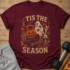 Maroon t-shirt with "Tis The Season" text and Halloween-themed workout graphics.