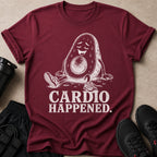 Maroon t-shirt with a graphic of a sweating avocado and the text "Cardio Happened."